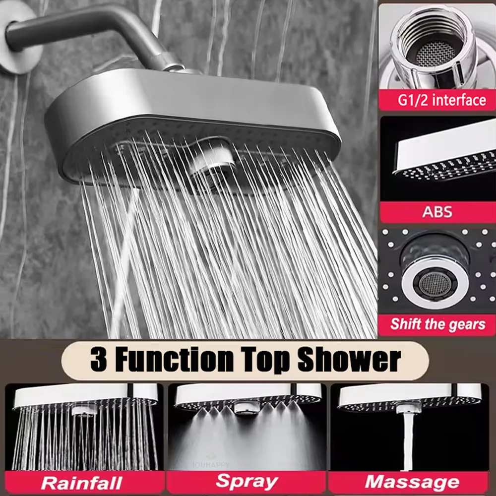 Home Bar Accessories - Overhead Shower Head, 3‑Function Rainfall Spray