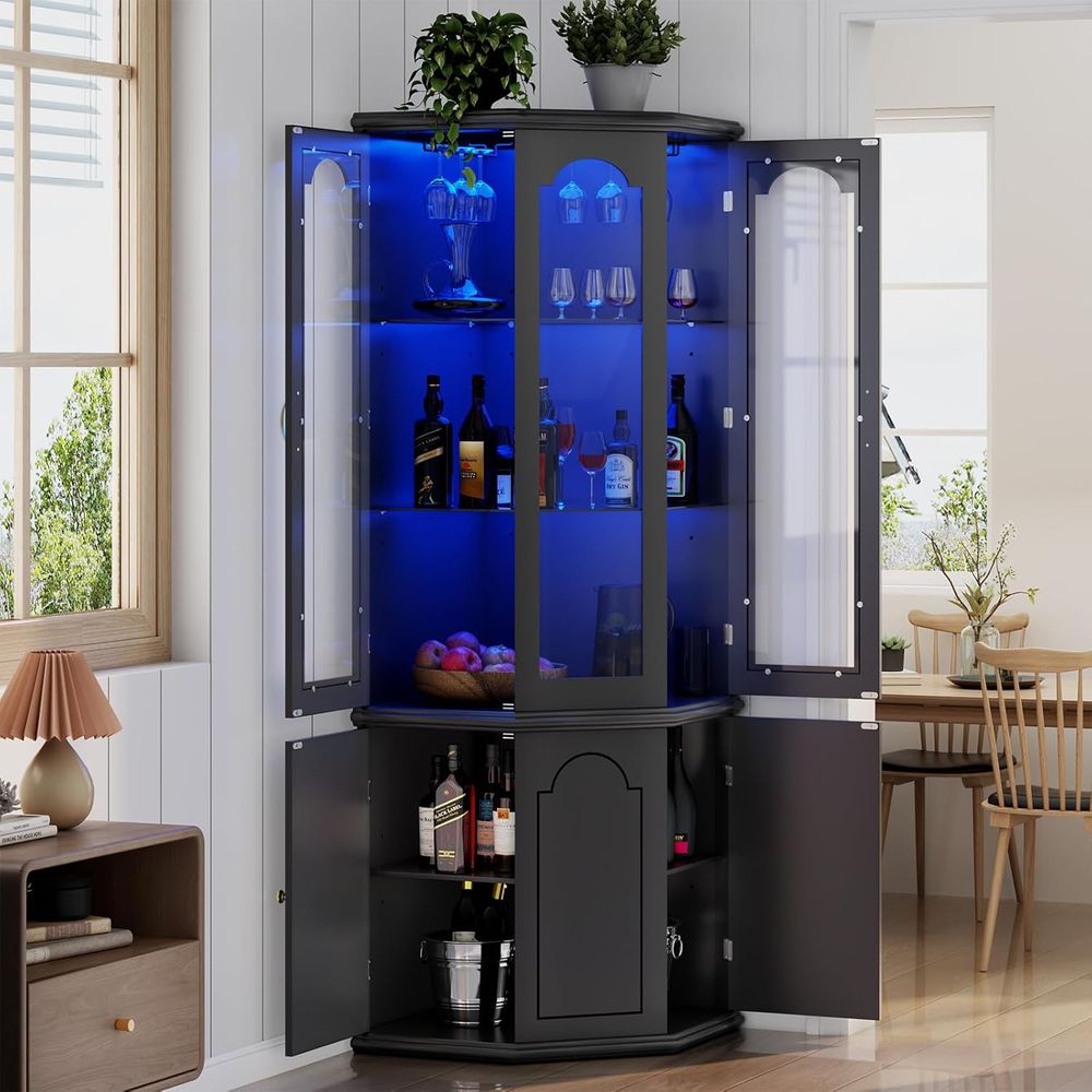 Home Bar Shelf - Illuminated Bar Cabinet with Tempered Glass